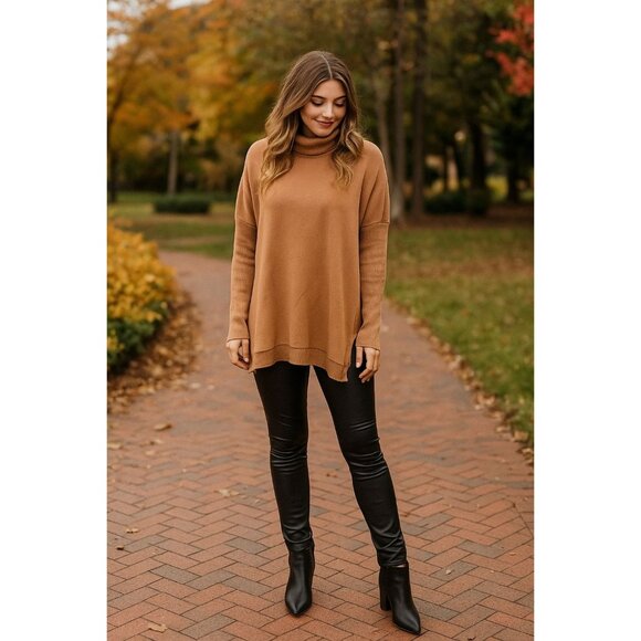 Boston Proper Turtleneck Sweater S Tan Ribbed Trim Relaxed Fit Cozy Chic - Picture 1 of 8